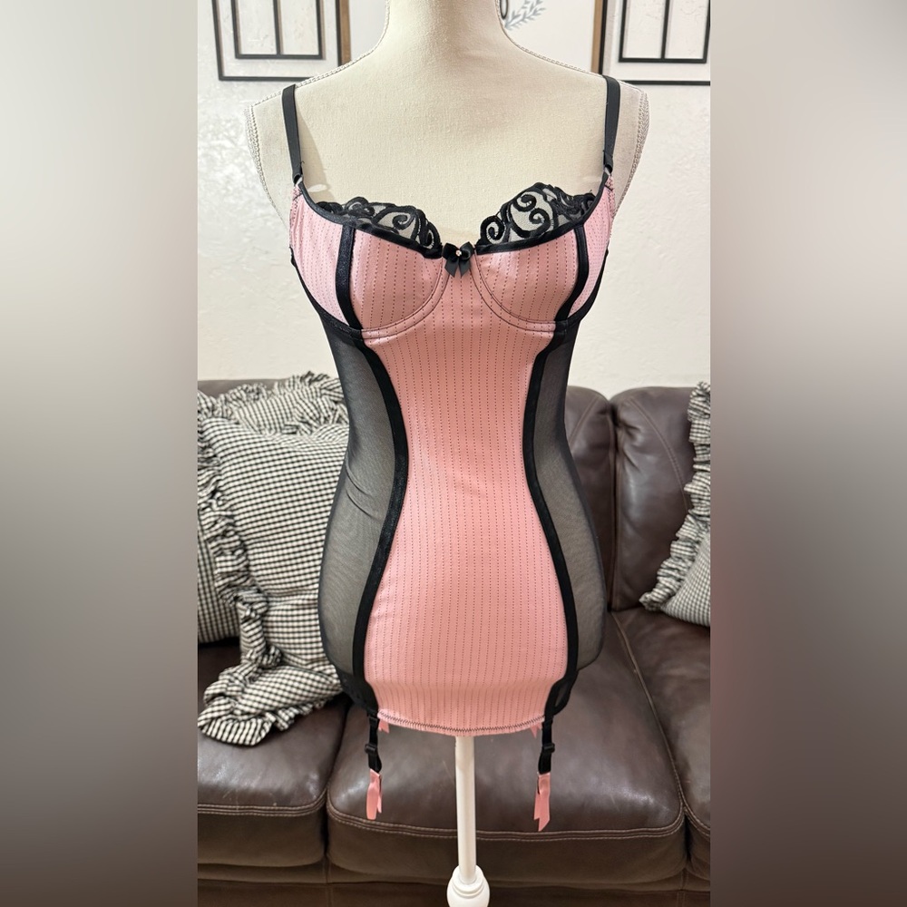 Shirley of Hollywood Pinstripe Corset Dress Size 34 Black & Pink Lingerie Set - Picture 4 of 16